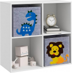 ZONEKIZ Kinderspielzeugregal Kinderbuchregal +3 Jahre mit 4 Ablagef&auml;chern und 2 Schubladen aus Vliesstoff mit Tiermotiv 61,8x29,9x61,8 cm Wei&szlig; und Grau