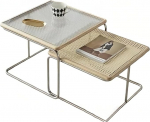 Rechteckiger Couchtisch 2er Set, Massivholz Nisttische mit Rattan-Tischplatte, stapelbar f&uuml;r Wohnzimmer oder Esszimmer, platzsparendes Design