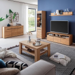 Lomadox Wohnm&ouml;bel Set Eiche teilmassiv modern 5-teilig, 1 Sideboard, 1 Vitrine, 1 Wandboard, 1 Lowboard, 1 Couchtisch, LED-Beleuchtung - Massivholz/Echtholz/Furniert