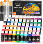 Shuttle Art Acrylic Paint Set, 50 Colourful Acrylic Colours in Bottles (60 ml each), Highly Pigmented, Non-Toxic, Acrylic Paint Waterproof for Artists, Beginners, Adults on Canvas, Stones, Wood