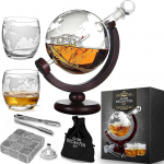 Mikamax Decanter Whiskey Carafe with Two Glasses, Globe Style, Handmade, Transparent, 850 ml Carafe with Airtight Seal, Stainless Steel Funnel