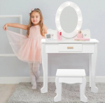 GarveeHome Kids Cosmetic Set with Mirror and Light, Dressing Table and Stool for Girls, Dressing Table and Chair Set with Wooden Makeup Playset for 4-9 Girls, White
