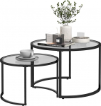 HOMCOM Coffee Table Set of 2, Side Table with Black Steel Frame, Sofa Table, Coffee Table with Tempered Glass Top, Partially Stackable, for Living Room, Bedroom
