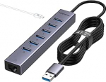 8Ports USB 3.0 Hub, USB-v&otilde;rgukonverter 6 3.0 pordiga Gigabit Ethernet port ja 5V/3A voolu&uuml;hendus, alumiiniumist pikendus v&otilde;rguadapter s&uuml;learvutile, IMAC-le, arvutile, USB m&auml;lupulkadele jne (tumehall).