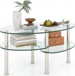 GIANTEX karastatud klaasist kohvilaud, ovaalne k&uuml;ljelaud 3 klaasriiuliga ja roostevabast terasest jalad jalapadjadega, elegantne elutoa laud kontorisse ja koju, 89 &times; 49 &times; 45 cm (l&auml;bipaistev)