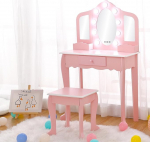 Garvee Kinderwaschtisch mit beleuchtetem Spiegel, Schminktisch und Hocker, Kinder-Make-up mit dreifach klappbarem Spiegel, Schublade und Aufbewahrungsgitter f&uuml;r 3-9 Jahre, Rosa
