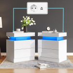 Komplekt 2 k&otilde;rgl&auml;ikega LED- ja laadimisjaamaga &ouml;&ouml;kappide komplekt, kaasaegsed &ouml;&ouml;kapid 2 sahtliga, valge k&uuml;ljelaud magamistuppa ja elutuppa, 58 x 40 x 35 cm.