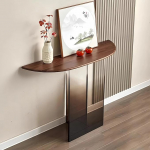 Crescent Console Table, poolringikujuline diivanilaud, kitsas ukselaud, akr&uuml;&uuml;llaua jalad T-kujul, sirgjooneliselt &uuml;hendatud puidust plangud, elutuppa, koridori, fuajeesse, koridori, diivanile.