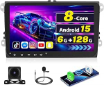 [6G + 128G] Inefala Android 15 autoraadio VW Golf Polo Touran Caddy Passat Tiguan traadita Carplay Android auto, 9-tolline puuteekraaniga raadio koos GPS WiFi RDS/FM Bluetooth EQ SWC tagurduskaameraga