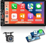 Doppel Din Autoradio mit YouTube, kabellosem CarPlay & Android Auto, 7 Zoll IPS puuteekraaniga raadio, Bluetooth, EQ, FM, USB, Type C, SD Karte, Videoausgang + tagasis&otilde;idukamera.