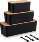 EVADOW 3 kaablijuhtimiskarbi komplekt bambusest kaanega, must traatjuhtme kaablifoldikarbi peidab ja peidab kaabli pikendusorganiseerija kasti kodus, keskmise suurusega, v&auml;ike
