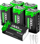 9 V laetav aku, 1300 mAh liitium-ioon plokkakud USB-C kiirlaadimiskaabliga, ideaalne suitsuandurite, tulekahjuandurite, h&auml;iresignaalide, mikrofonide, multimeetri jne. jaoks (6 tk).