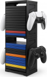 M&auml;ngude hoiutorn PS5, PS4, Xbox Series X/S, Xbox One, Switch ja Blu-Ray plaatide jaoks - 24 plaadi korraldusriiul koos kontrolleri ja peakomplekti konksuga, vertikaalne, kahetasandiline, ruumi s&auml;&auml;stev