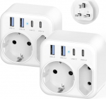 2 Pack Travel Adaptor UK Adapter Inglismaa Saksamaa Plug 4 USB (2-USB C) ja 2 Way pistikupesa, 6-in-1 pistikupesa adapter Inglismaa reisiadapter t&uuml;&uuml;p G Iirimaa, &Scaron;otimaa, Malta, Hong Kong jaoks