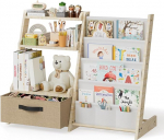 Laste riiul koos m&auml;nguasjade korraldajaga 2-in-1 - puidust ja riidest raamaturiiul 4 sektsiooniga, sahtli ja pliiatsitaskutega - 68 cm k&otilde;rgune turvaline riiul lastetoas, lastetoas (valge)