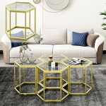 Kuldne klaasist kohvilaud Kaasaegne kohvilaud kuusnurkne kombinatsioonilaud Klaasist kesklaud V&auml;ikesed k&uuml;ljelauad metallist raamiga elutuppa 1 tk
