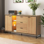 REXO Sideboard mit Zwei T&uuml;ren, Exquisite Maserung. Modernes Sideboard in Holzfarbe mit Ablagef&auml;chern - stilvolle und funktsionaalne Wohnm&ouml;bel (Schwarz und Holzfarbe/mit DREI Schubladen)