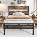 VECELO Einzelbettgestell mit rustikalem Vintage-Holz-Kopfteil, robuste Metalllamellenst&uuml;tze, Plattform-Matratzenboden, kein Boxspringbett, kein L&auml;rm, einfache Montage