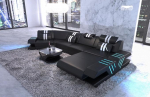 Sofa Dreams Venice Diivan Living Landscape C-kujuline nahast diivan LED-valgustusega, reguleeritavad peatuged, Chaise Longue / nahav&auml;rvide valik / orientatsiooni valik (Ottomani paremal, must ja