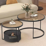 Moderner runder Couchtisch-Set mit hohlem Bodenrahmen, Stauraum f&uuml;r Wohnzimmer, Schlafzimmer und B&uuml;ro, Schwarz/Braun, 68,6 cm + 55,9 cm