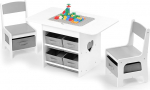 Laste laua ja 2 tooli komplekt, 2-in-1 plastikust ehitusplokid, &uuml;hilduv tegevus, koos 6 hoiukastiga, lastem&ouml;&ouml;bel, kingitus poistele ja t&uuml;drukutele (Hall)