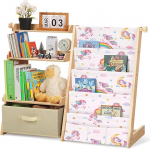 decalsweet Laste riiul 4 riiuli ja 3 avatud sektsiooniga, puidust raamaturiiul lastele kastide ja 3 taskuga, m&auml;nguasjade organiseerija, lastetoa m&ouml;&ouml;bel, armas mustriga hoiuriiul (Unicorns)