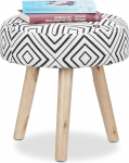Relaxdays Round Side Stool with Check Pattern, Wooden Legs, Living Room, Footrest, Ottoman 35 x 35 cm, Black/White