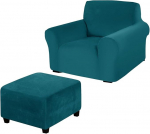 Komplekt 2 sametist tugitooli katted koos Ottomani - elastne Stretch diivanikaitse toolile ja ruudukujulisele Ottomani (Teal)
