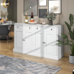 OLIVIBED Sideboard, valge, k&ouml;&ouml;gikapp 4 ukse ja 2 sahtliga, k&auml;epidemega ja hoiuruumiga kapp, elutoa kapp magamistuppa, elutuppa, s&ouml;&ouml;gituppa, 150 x 40 x 86 cm.