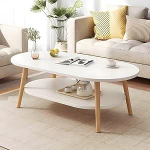 Kaasaegne &uuml;mmargune / ovaalne kohvilaud riiulitega, v&auml;ike puidust laud koju, stiilne madal laud koos riiulitega, naturaalne viimistlus