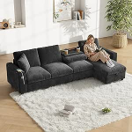 L-Form Ecksofa | Schlaffunktion & Ausziehbares Sofabett, Chenille Stoff, Stauraum + Ausklappbarer Couchtisch, USB-C Ladeanschluss, Rechts/Links Einstellbar, Grau