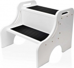 Merrynine Upgraded Wooden Step Stool for Kids, Toddler Step Stool with Non-Slip Mat for Sink, Kitchen, Thickened Wood, Double Handles, Pre Slotted Side Plate, 40.1 x 38 x 32 cm