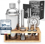 Cocktail Shaker Set with Stand & Recipe Book: Premium Stainless Steel Bar Cocktail Set Cocktail Shaker Measuring Cup Straws Bar Spoon Muddler Bartender Bar Set Cocktail Accessories Gift Women Men