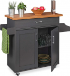 Relaxdays Kitchen Trolley Worktop Drawer 2 Compartment Spice & Towel Rack Mobile Kitchen Cabinet Grey / Natural