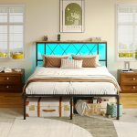 IRONCK Voodi 140 x 200 cm LED-valgustusega, voodiraam 140 x 200 cm pistikupesaga, 1 USB, 1 Type-C &uuml;hendused, metallist voodi pealae ja panipaigaga, noortevoodi, kaheinimesevoodi metallist liistudega raamiga