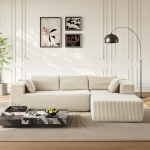 Beež nurgadiivan koos Osmaniga, 269 x 175 cm, kaasaegne elutoa diivan 5 padjaga, k&otilde;rge istmemugavus t&auml;nu kokkusurutud vahule ja pehmele kangakattele, lihtne hooldus, L-kujuline diivan elutuppa | strapazierf&auml;hig