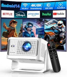 Alwtniet Mini projektor 4K 8K toetatud, Full HD 1080P Smart projektor Android 14, WiFi 6 Bluetooth 5.4, Auto Focus Auto Keystone 180&deg; p&ouml;&ouml;rlev projektor V&auml;ike kodukino Ultra l&uuml;hike vahemaa