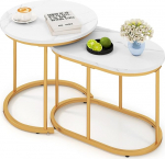 COSTWAY Set of 2 Coffee Tables with Marble Look, Side Table Wood with Gold-Coloured Metal Legs, Coffee Table Set, Modern, Round, Compact, for Living Room and Bedroom, White