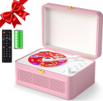 Gueray kaasaskantav Bluetooth CD m&auml;ngija koos k&otilde;laritega 3600 mAh laetav Vintage CD m&auml;ngija koju, Retro CD m&auml;ngijad FM raadio kaugjuhtimispuldiga, toetab USB AUX (roosa)