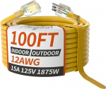 100 ft 12/3 Gauge Outdoor pikendusjuhe veekindel koos valgustatud indikaatoriga, 12 Gauge SJTW Heavy Duty 15 Amp 1875W, 3 Prong juhtmed paindlik 100% Copper Yellow ETL Listed