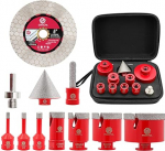 FOCSTOL Diamond Tile Drill Bit Set - 11 Pieces (6/6/8/25/35/50/68 mm + 10 mm Finger Mill + 50 mm Chamfer Drill + Adapter + 125 mm Cutting Disc) Hole Saw Set M14 Thread for Porcelain Ceramic Tiles