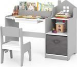 FANTASK laste kirjutuslaua komplekt, &otilde;pilaslaud sahtliga, avatud riiulid ja riidest konteiner, noorte kirjutuslaud koos tooliga, kirjutuslaud lastele alates 3. eluaastast (Hall)