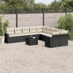 10-TLG. Garten Sofagarnitur mit Kissen Schwarz Poly Rattan und Stauraum, Gartenm&ouml;bel Set als modulares Garten Sofa f&uuml;r Terrasse und
