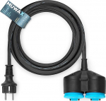 15 m kummist pikenduskaabel H05RR-F 3G 1,5 mm&sup2; 2-kohalise jaoturiga v&auml;litingimustes kasutamiseks, muruniiduk, aed ja t&ouml;&ouml;koda, IP44, must
