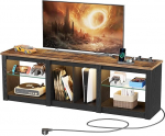 OCTORO TV Schrank, Lowboard mit Steckdosen und RGB-LED-Leuchten, 160&times;35&times;50cm, Fernsehschrank mit Abnehmbare Glasablage, Offenen Stauraum, f&uuml;r Wohnzimmer, Schlafzimmer, Schwarz-Vintagebraun