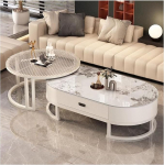 &Uuml;mmargune pesitsev kohvilaud, kaasaegne akentne kokteililaud 2 ovaalse l&otilde;pplaua kombinatsioon elutuppa, magamistuppa ja v&auml;ikestesse ruumidesse, karastatud klaasist &uuml;lemine osa koos tugeva metallraamiga (valge-B, 70+100c)