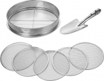 Johgee 5-in-1 Garden Sieve Made of Stainless Steel Weather-Resistant Sieve with 5 Interchangeable Sieve Inserts Diameter 3, 6, 9, 10, 12 mm + 26 cm Long Hand Spade for Soil, Stones, Compost Sand, etc.