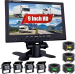 CAMECHO Reversing Camera 4 Cameras Set, 9 Inch Monitor, 4 Split Rear and Front Camera, Wide Angle, IP68 Waterproof, 18IR Night Vision, for Truck/Trailer/Bus/Van/Agriculture (DC12V-35V)