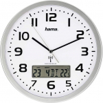 Hama Radio-Controlled Digital Wall Clock (Large Radio-Controlled Clock with Analogue Time Display, Wall Clock with Digital Calendar and Temperature Display, Includes Battery) Silver