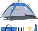 Glymnis beach shelter, quick up beach tent, automatic beach tent with zip door, UV protection, 50+ wind protection, small pack size, beach tent for 3 to 4 people, blue